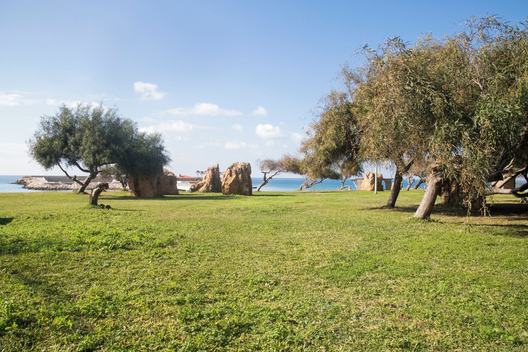 A grassy area with large rock formations and trees, likely a natural park or coastal area.