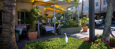 Un espace de restauration en plein air, avec des tables et des parasols, entouré de plantes en pot et de palmiers.