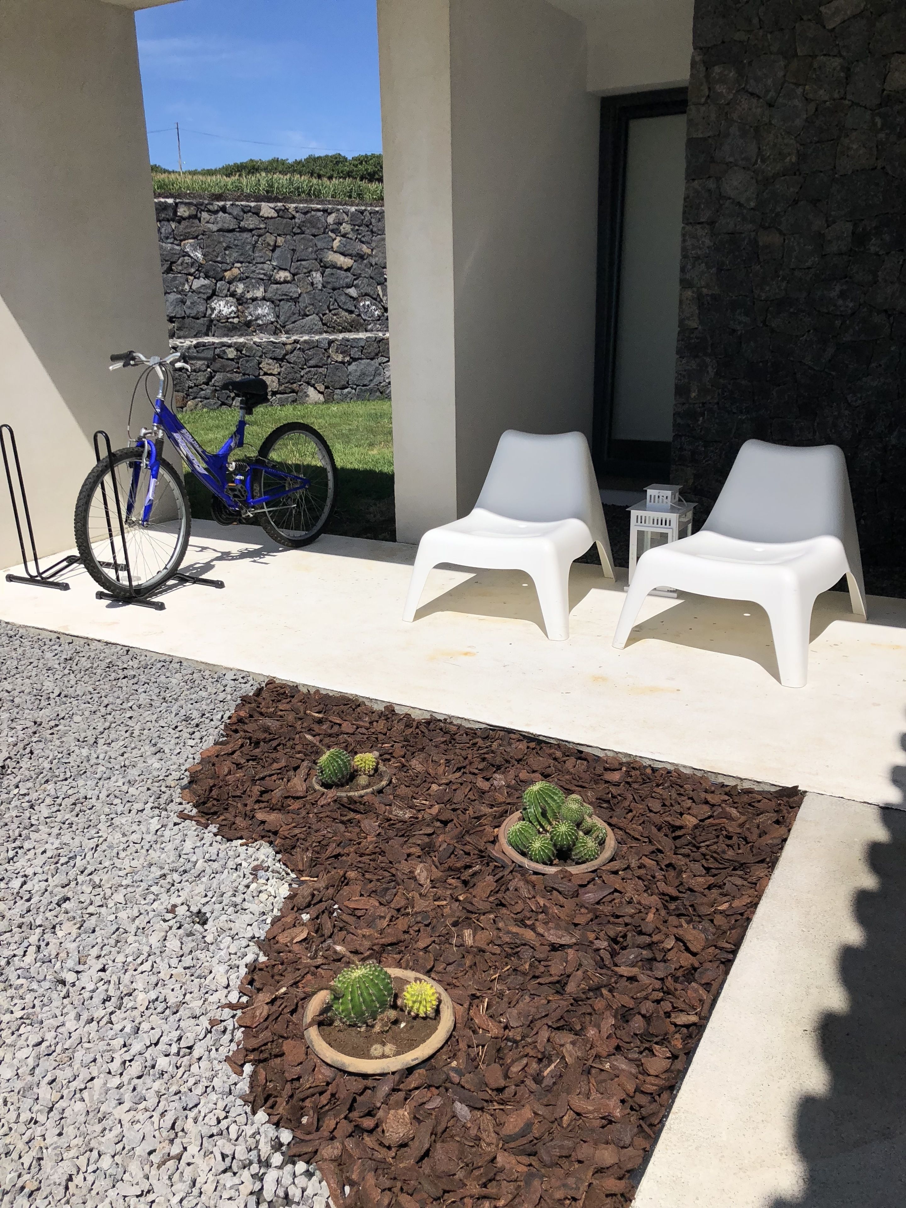 Un patio con una bicicleta, dos sillas blancas y una maceta con cactus.