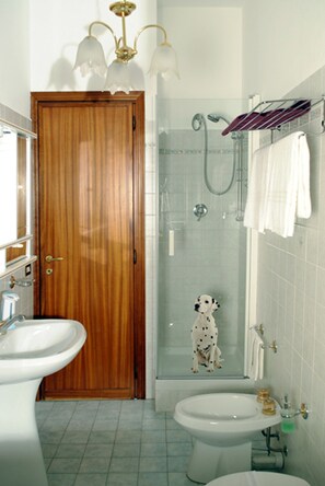 Chambre Double ou avec lits jumeaux, salle de bains privée | Salle de bain | Douche, articles de toilette gratuits, sèche-cheveux, bidet