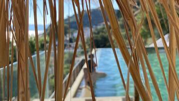 A beachside view with a thatched roof structure, a pool, and a clear view of the ocean and distant hills.