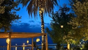 A beachside restaurant with outdoor seating, a palm tree, and a view of the sea at dusk.