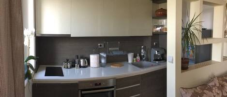 Kjøleskap, ovn, kokeplater og kaffetrakter/tekoker