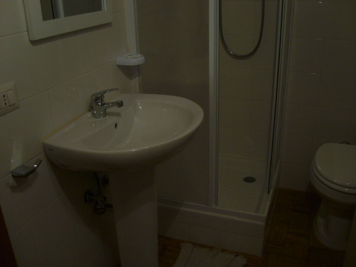 Une salle de bain avec un lavabo blanc, un miroir, des toilettes et un espace douche.