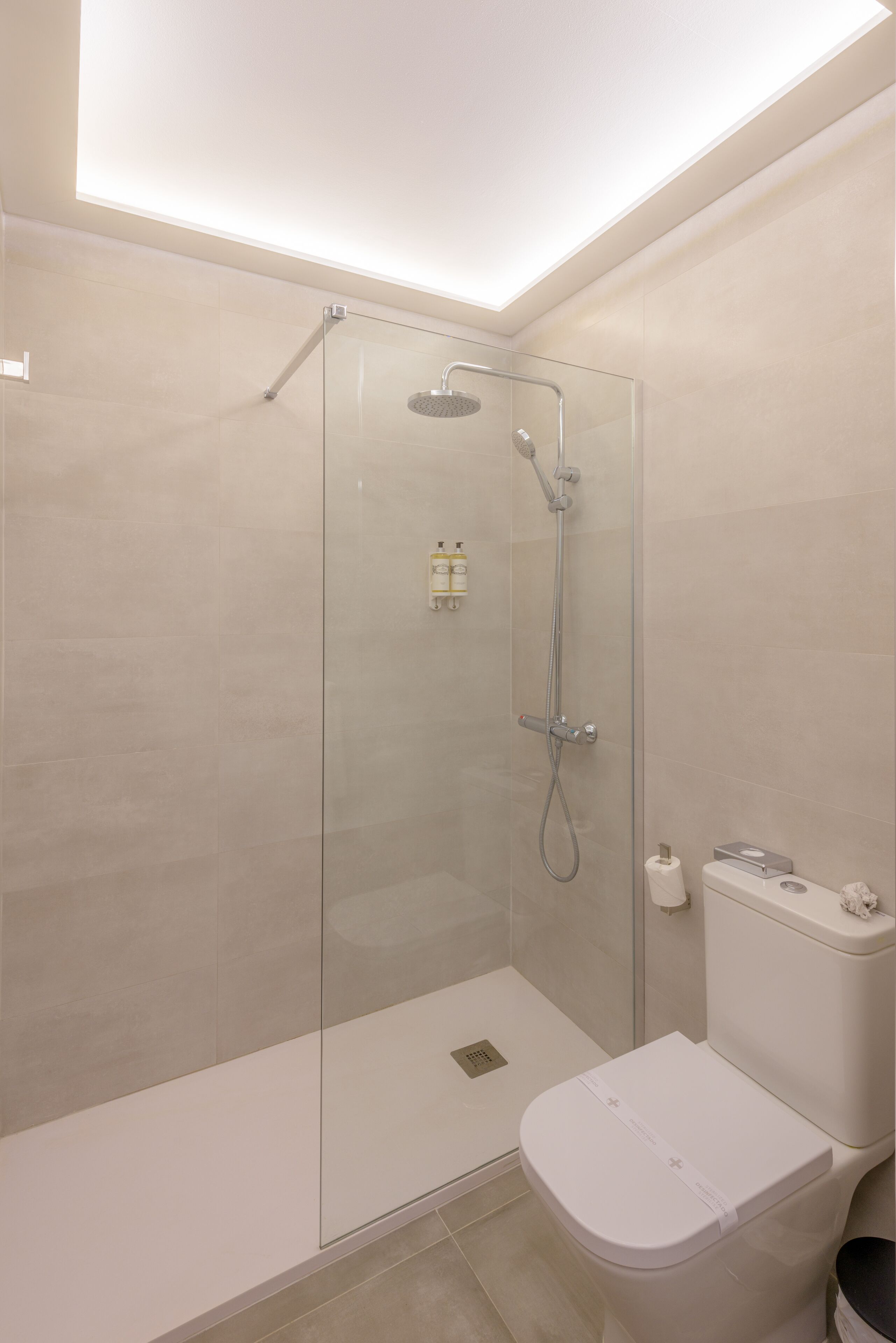 A modern bathroom with a glass-enclosed shower, a white toilet, and a ceiling light.