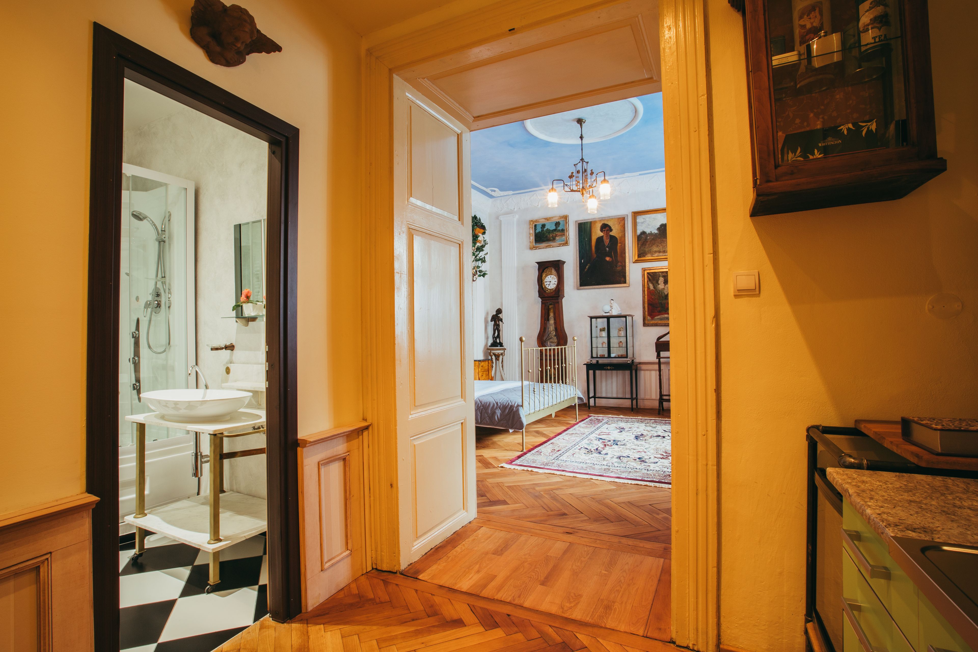 A hallway leading to a bedroom with a bed, a dresser, and a mirror. There is a bathroom with a sink and a shower visible through an open door.