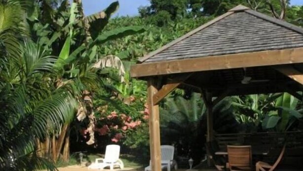 A wooden deck with a pool, surrounded by lush greenery and a gazebo. - Villa Maora (Koungou)