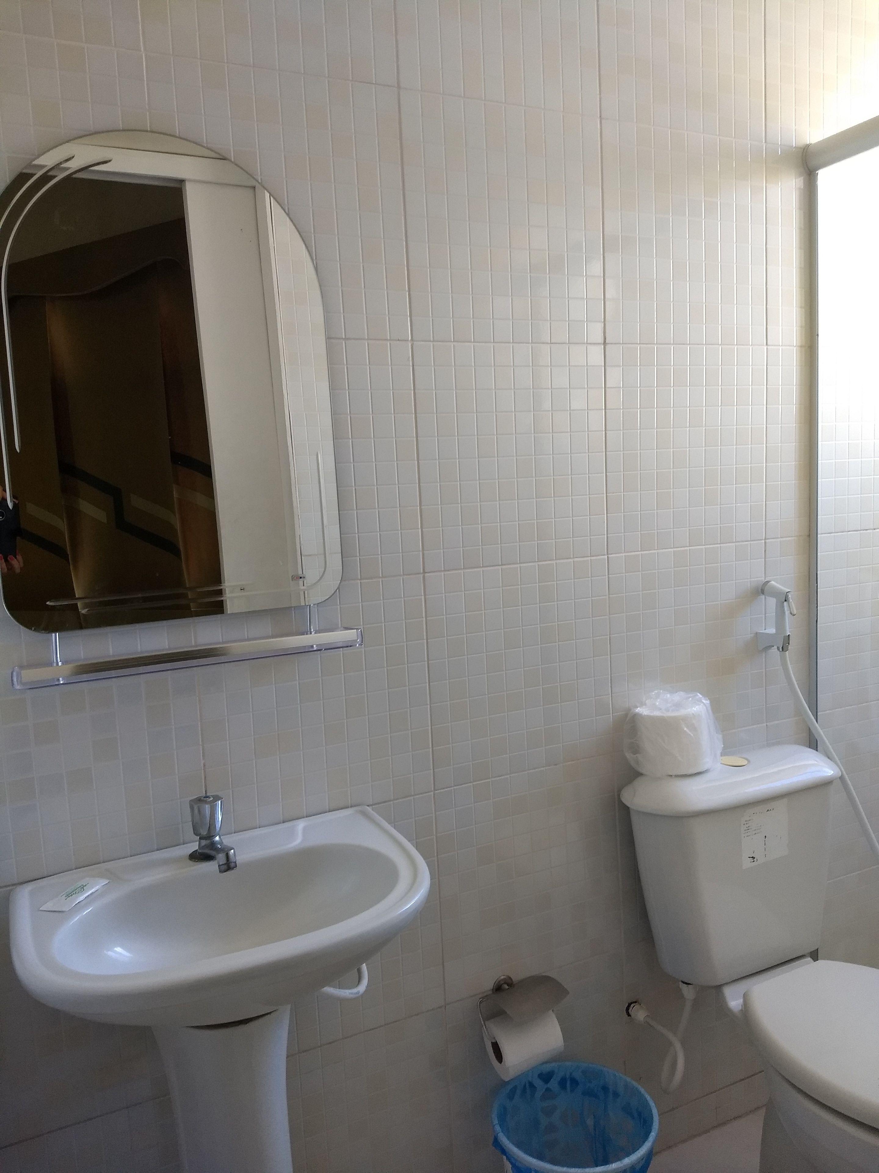 Une salle de bain avec un lavabo blanc, un miroir, des toilettes et une poubelle bleue.