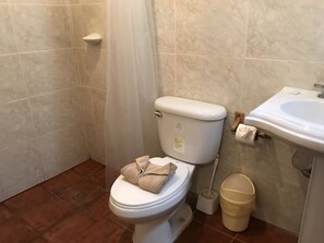 Ein Badezimmer mit Toilette, Waschbecken und Duschvorhang.