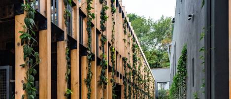 A narrow pathway flanked by wooden structures with climbing plants, leading to a building with large windows.