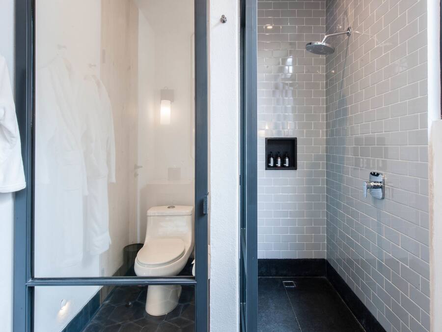 Ein modernes Badezimmer mit Glastür, die zu einem WC-Bereich, einer Dusche und einer gefliesten Wand führt.