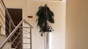 A marble staircase with metal railings leading to a landing. A large potted plant is placed on the landing. - Hotel Cachoeira Tarrafal (Tarrafal)