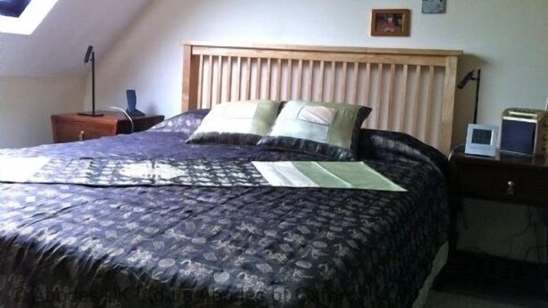 A bedroom with a sloped ceiling, a bed with a patterned bedspread, a bedside table with a lamp, and a wall-mounted TV. - Oxford Thames B&B (Oxford)