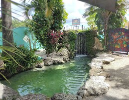 Una fuente de agua con cascada, rodeada de rocas y vegetación, con un letrero que indica 'HOOSVILLE HOTEL' al fondo.