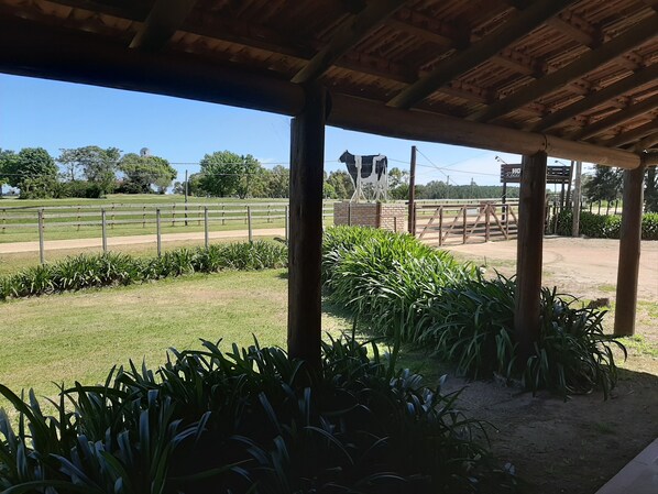 A covered outdoor area with a fenced horse riding track, surrounded by greenery and a clear sky. - Estancia Renacimiento (Atlantida)