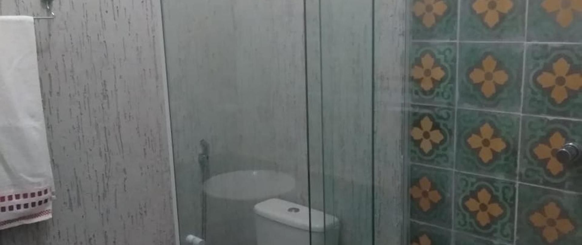 A bathroom with a toilet, a glass shower enclosure, and patterned tiles.