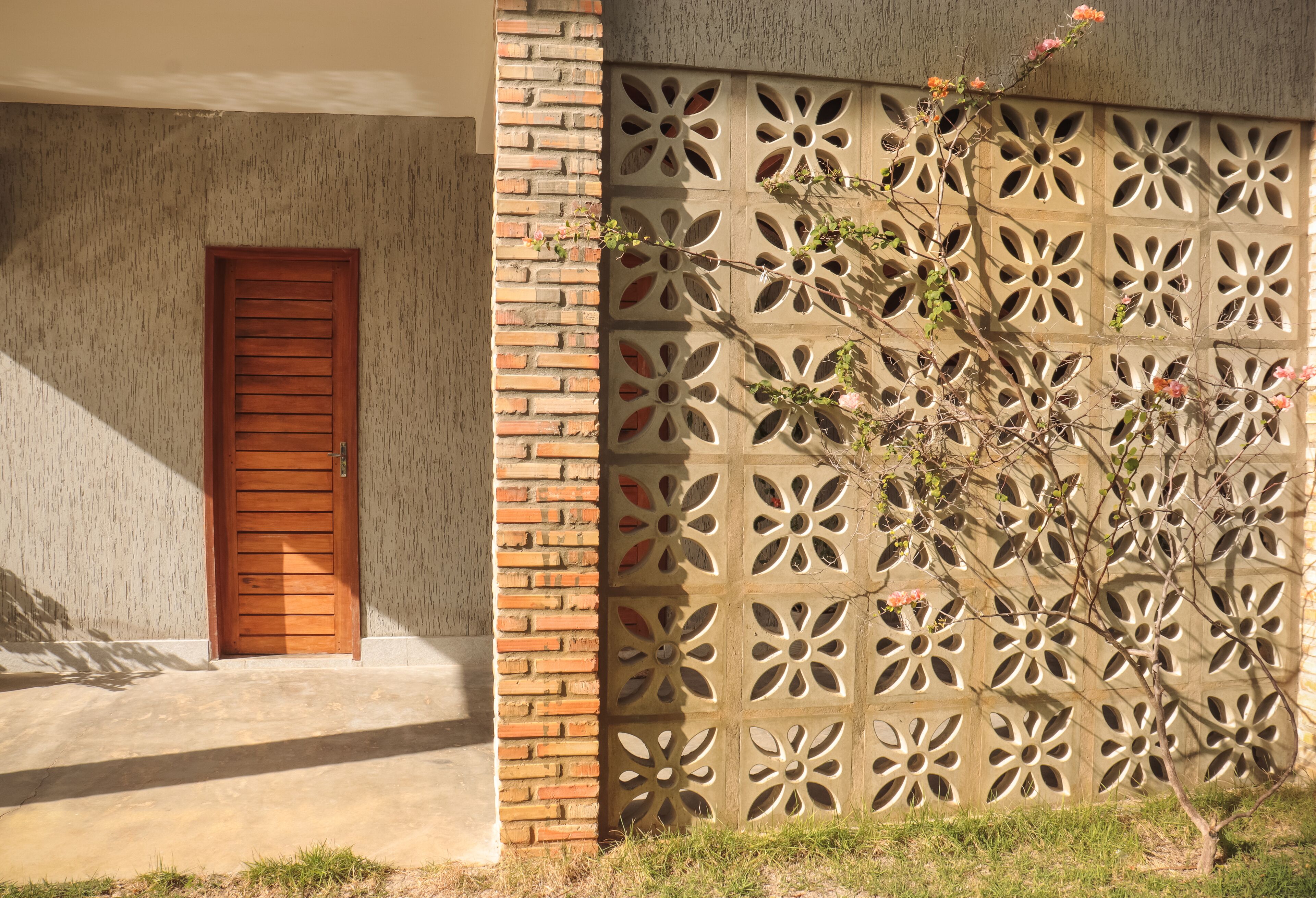 A building facade with a wooden door and a decorative wall with geometric cutouts.