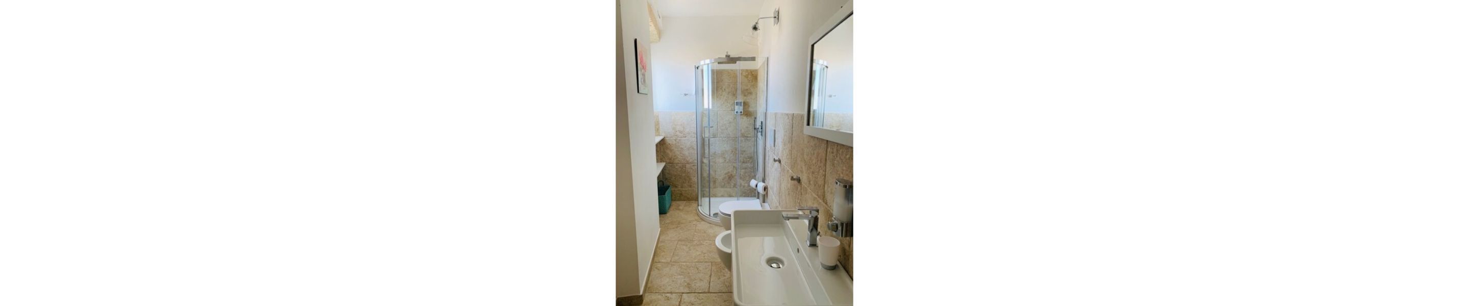 Une salle de bain avec douche, toilettes et lavabo.