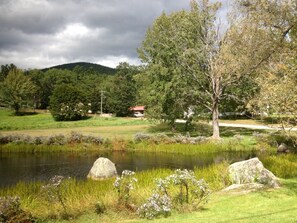 A serene landscape with a pond, rocks, and a house in the background. - Abbott Brook Chalet B - Private Setting - 5 Mi from Storyland (Bartlett)