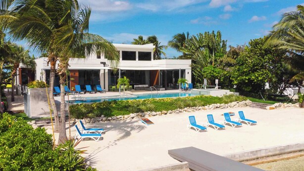 Ein Resort mit Pool, Liegestühlen und Palmen.