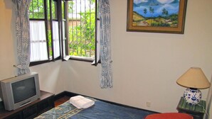 A bedroom with a bed, a TV, a window with curtains, a painting on the wall, and a lamp on a side table. - Suite La Chiquita (Antigua Guatemala)