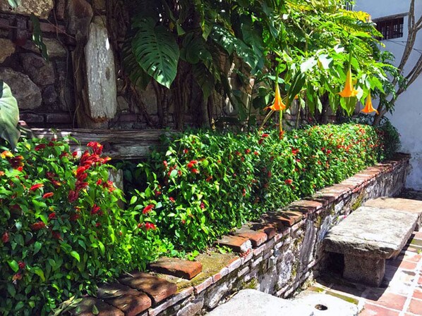 Sit and unwind in this serene garden, surrounded by lush greenery and vibrant flowers.