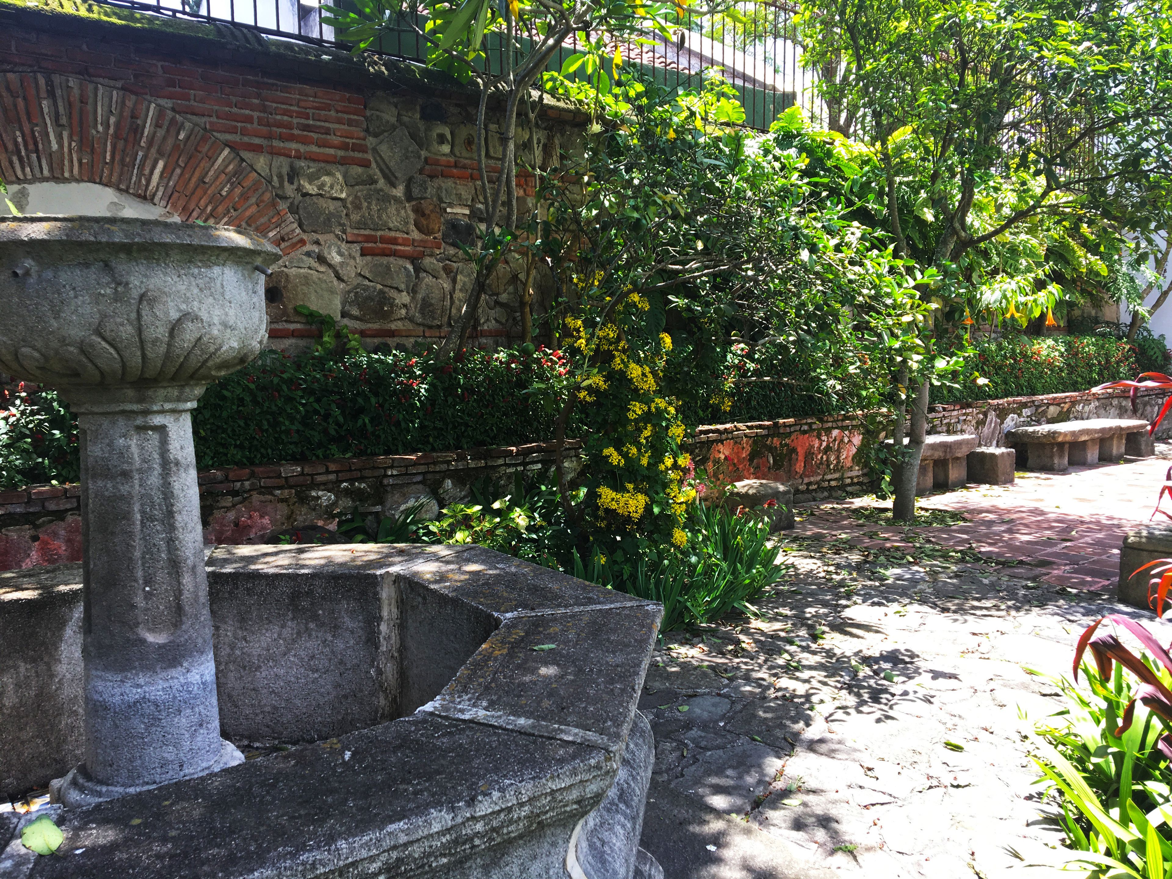 A stone fountain, a brick wall, and a garden with various plants and a bench.