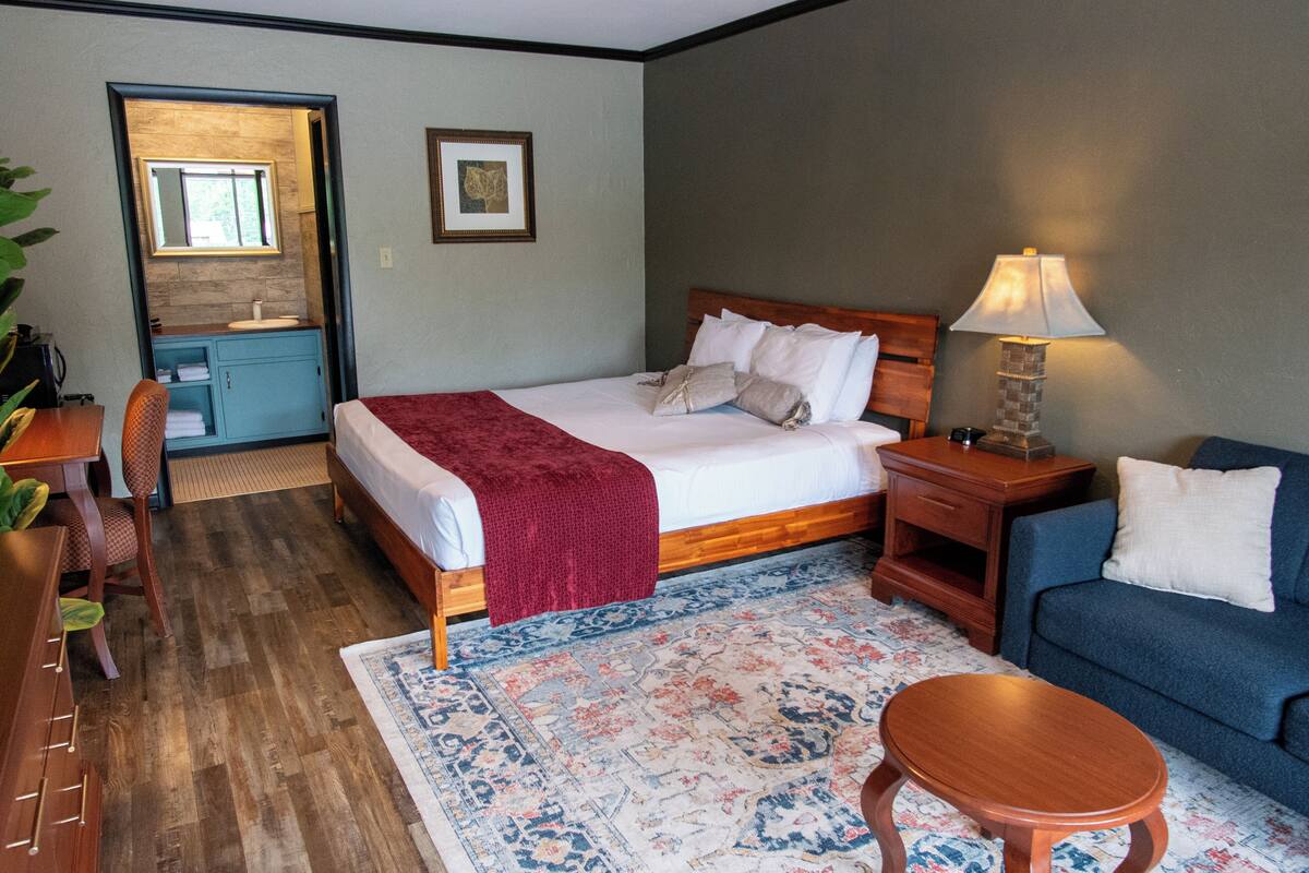 A hotel room with a bed, a desk, a chair, a sofa, a lamp, and a rug.