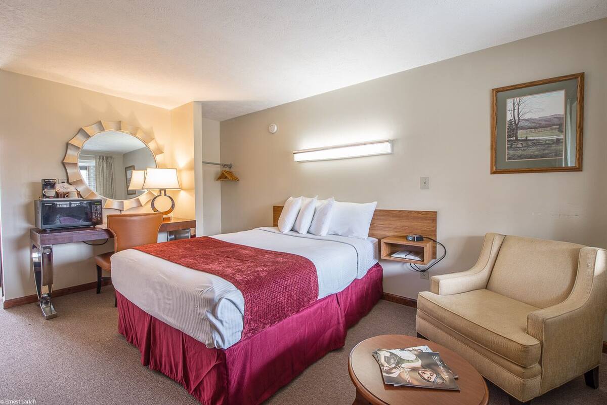 A hotel room with a bed, a chair, a desk with a lamp, a microwave, and a framed picture on the wall.