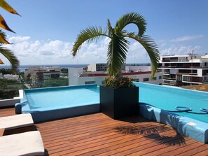 Une piscine sur le toit, avec une terrasse en bois, un palmier et une vue sur le paysage urbain.