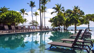 Outdoor pool, pool umbrellas, pool loungers