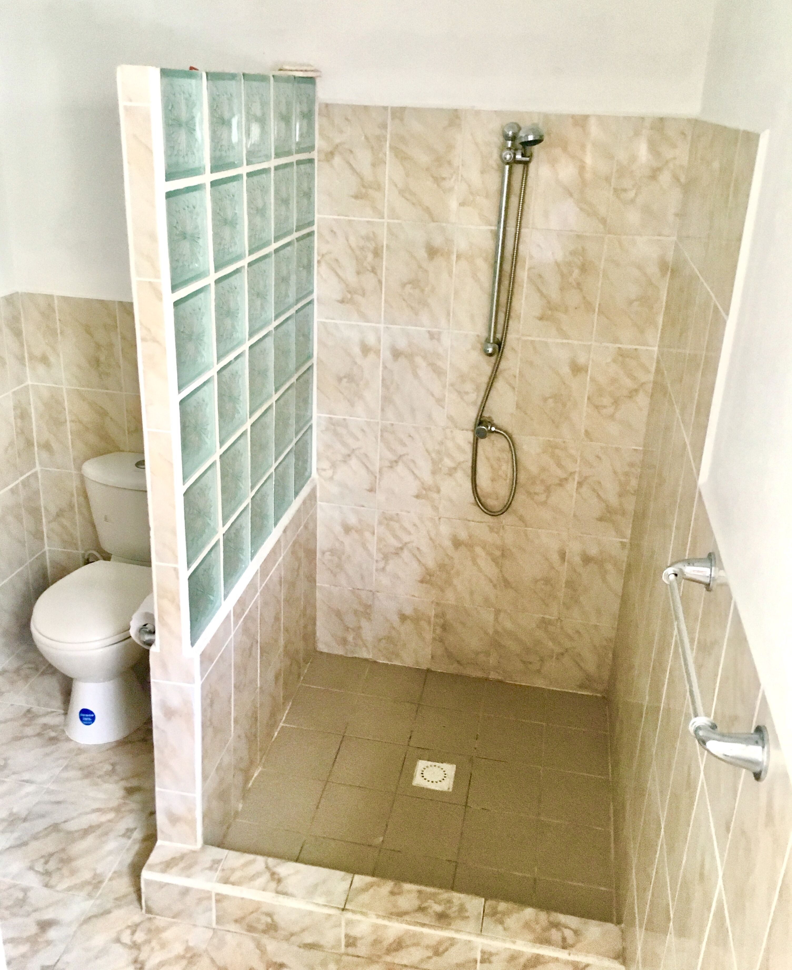 A bathroom with a shower, toilet, and a tiled wall.