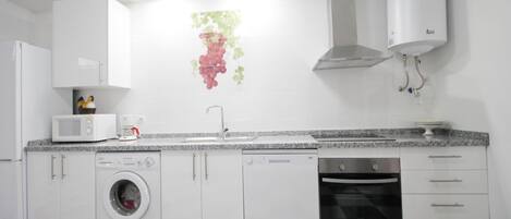 A modern kitchen with white cabinets, a washing machine, a dishwasher, a microwave, and a water heater.