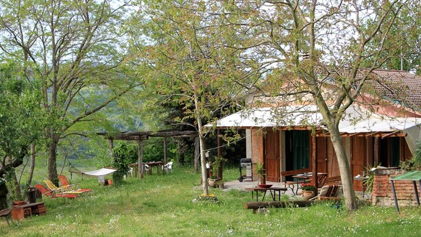 Un área de estar rústica al aire libre con muebles de madera y una mesa cubierta, rodeada de árboles y un césped.
