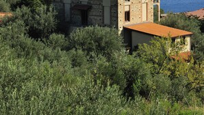 Un edificio de piedra con techo de tejas rojas, rodeado de vegetación, con vistas a una masa de agua.