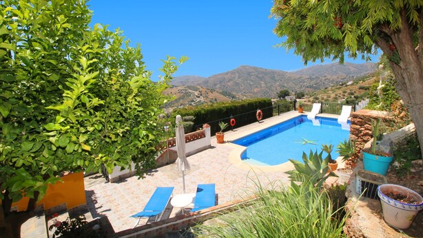 Una piscina con vista a las montañas, rodeada de plantas en macetas y mobiliario de exterior.