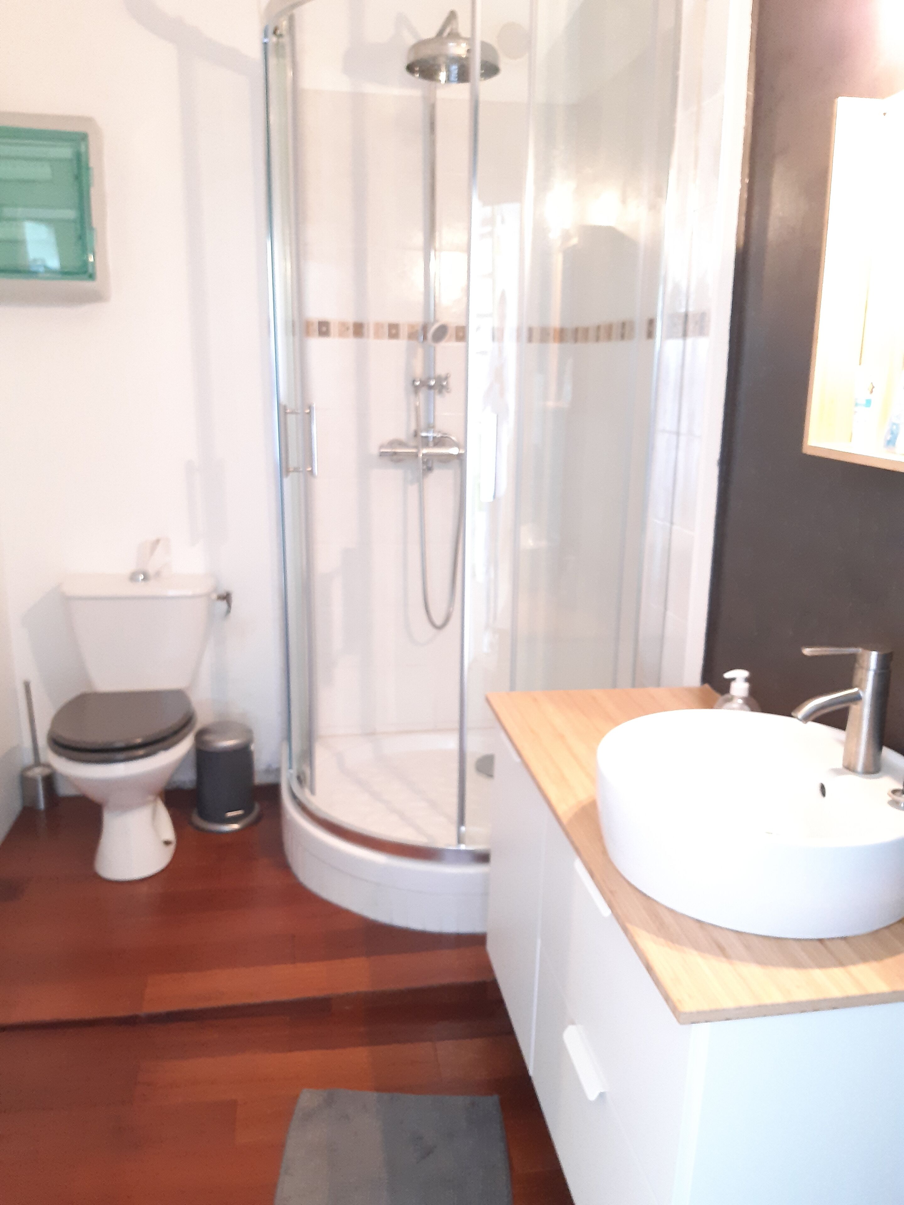 Ein Badezimmer mit Duschkabine, Toilette, Mülleimer und Waschbecken mit Holzablage.