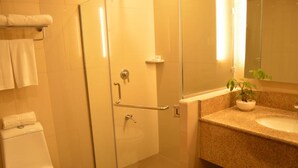 Un baño con cabina de ducha de vidrio, inodoro, lavabo con encimera de granito y espejo.