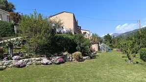 A residential area with a well-maintained lawn, a stone wall, and a variety of flowering plants.
