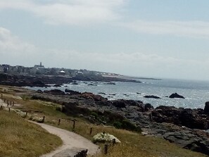 Un sentier côtier, avec un terrain rocheux et une vue sur la mer.