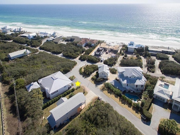 Stunning coastal homes nestled among lush greenery, offering yards and ocean views.