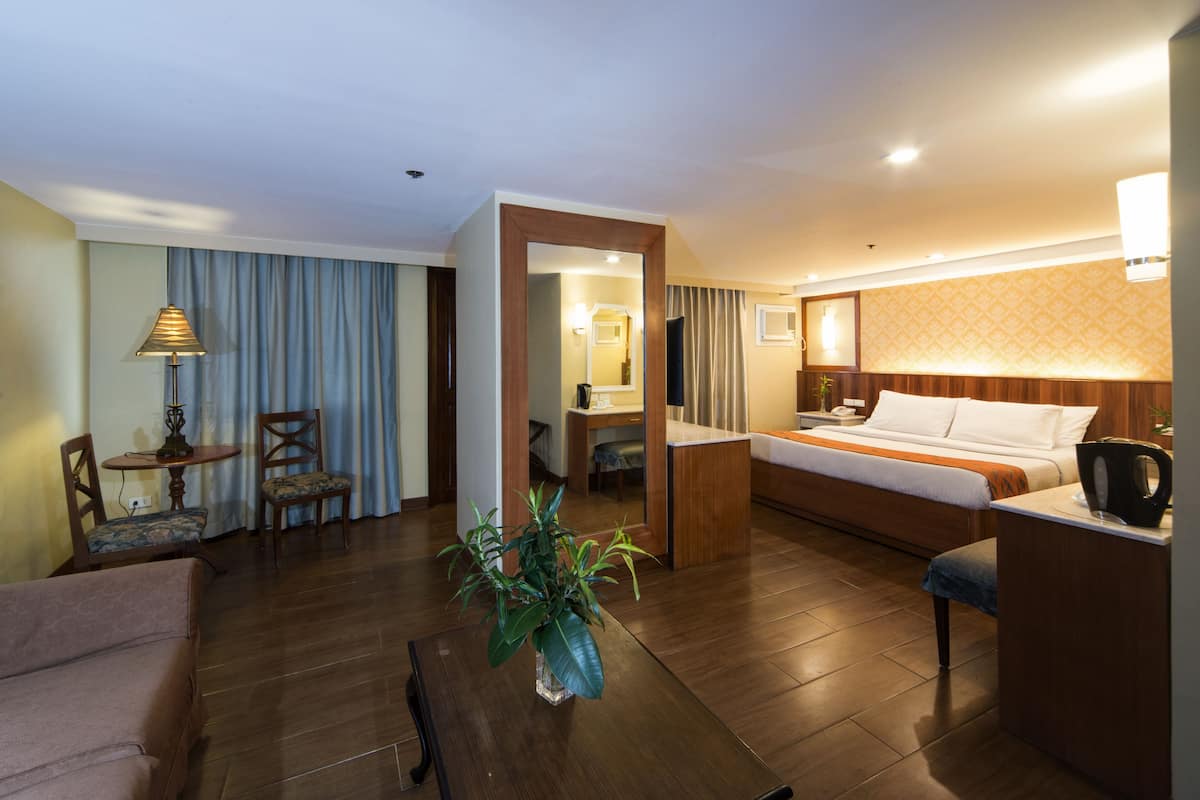 A hotel room with a bed, a sofa, a desk, a chair, a lamp, and a plant.