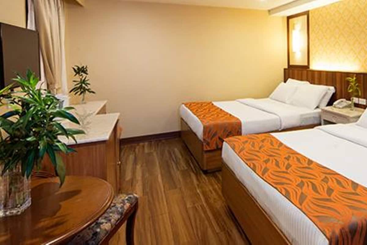 A hotel room with two beds, a wooden floor, a small table with a chair, and a potted plant.