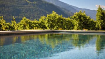 Seasonal outdoor pool, pool umbrellas, pool loungers
