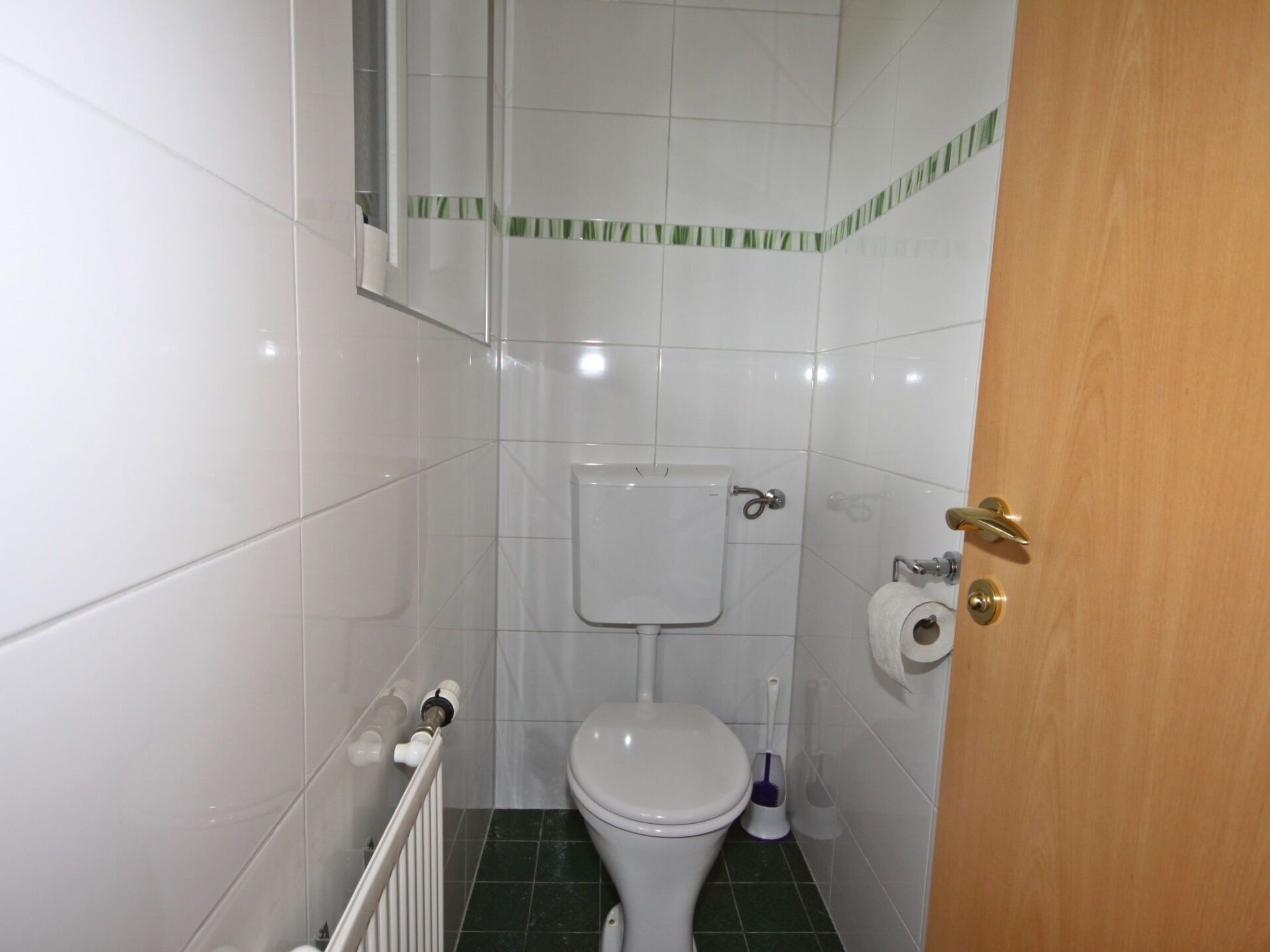 Ein kleines, sauberes Badezimmer mit Toilette, einem Heizkörper und einer Toilettenpapierrolle an der Wand.