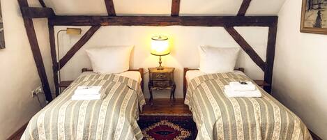 A room with two beds, a nightstand with a lamp, and a patterned rug.