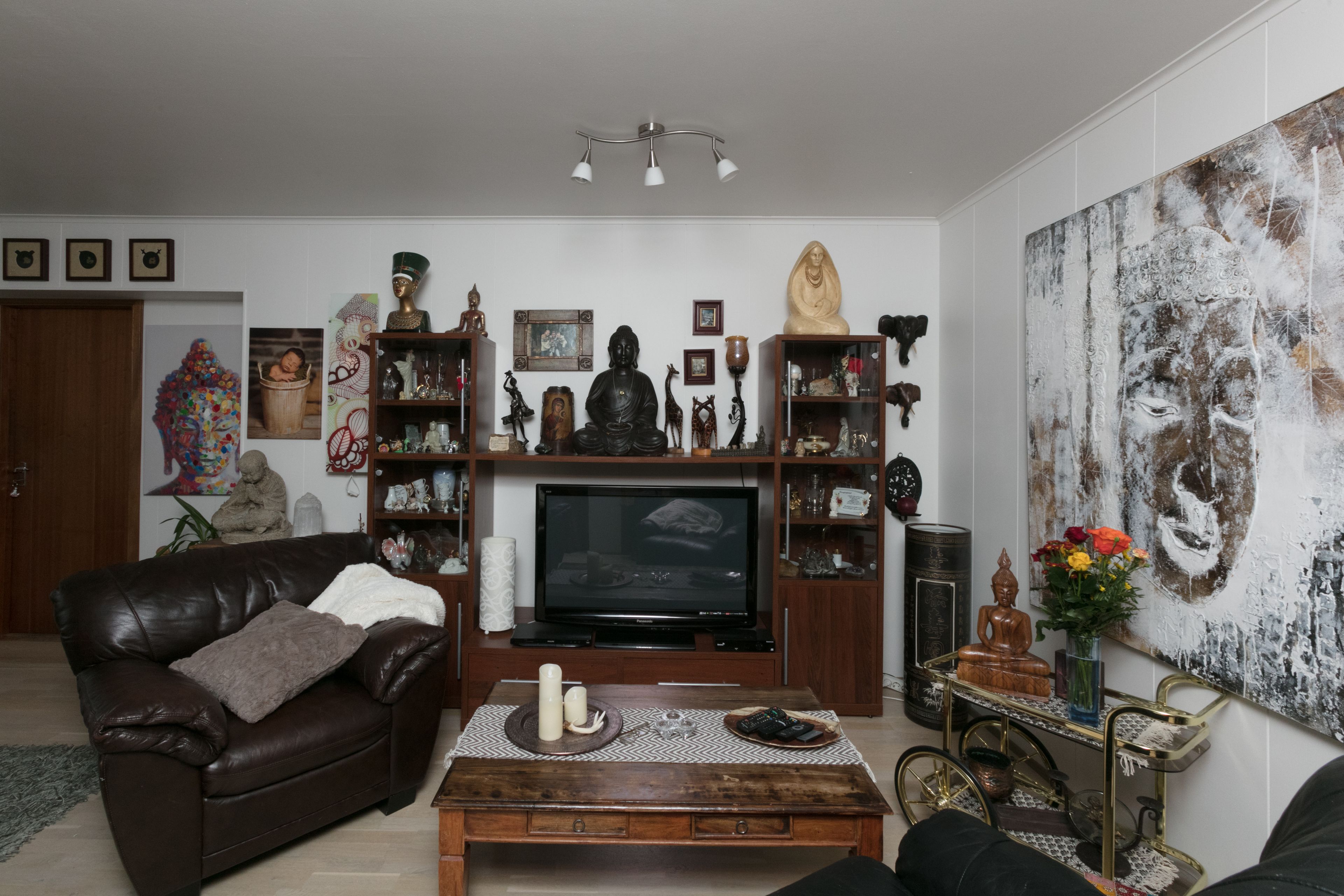 Un salon comprenant un canapé en cuir, une table basse, un téléviseur et divers objets décoratifs disposés sur des étagères et un meuble à roulettes.