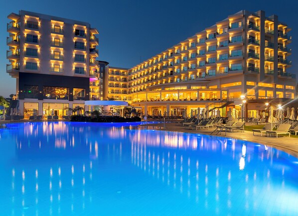 Indoor pool, outdoor pool, open 9:30 AM to 7 PM, pool loungers