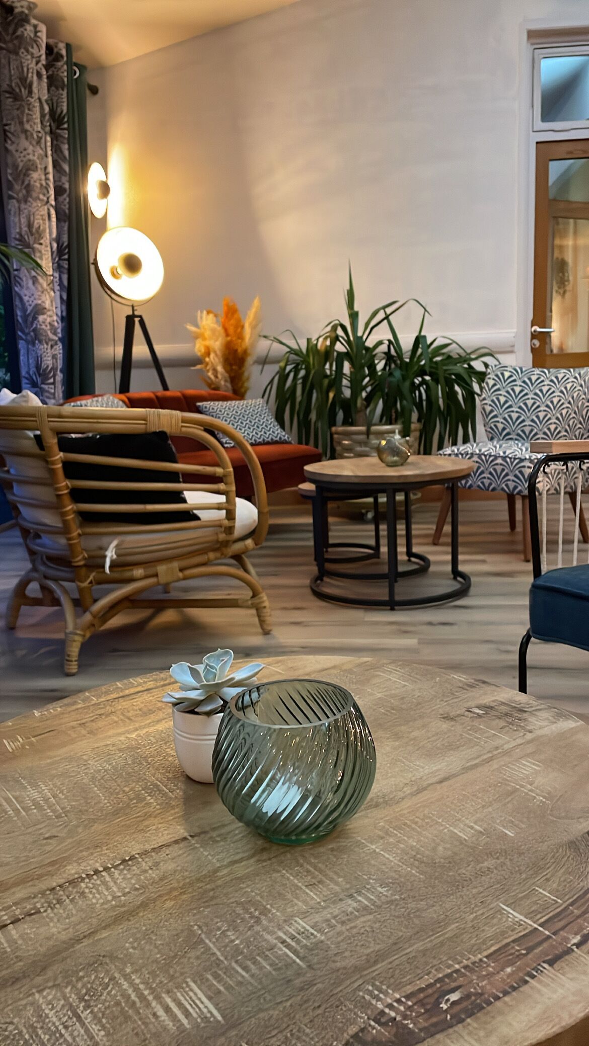 A cozy living room with a wicker chair, a round table, and a potted plant.