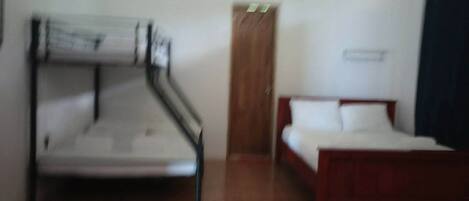 A room with a bunk bed, a single bed, and a door.